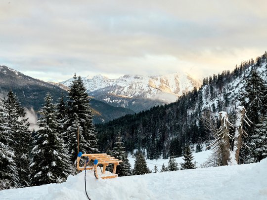 Mit einem Lächeln aufstehen im Hotel am Spitzingsee Schlitten auf verschneitem Hügel mit Blick auf bewaldete Berge im Winter