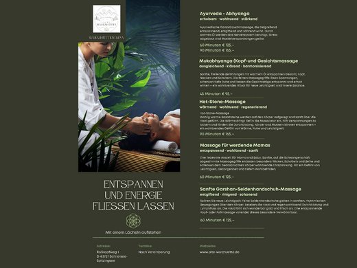 Ein Hotel mit Sauna am See? Ab in die Alte Wurzhütte! Würziötten-Spa-Flyer mit Massagefoto und Wellnessbehandlungen