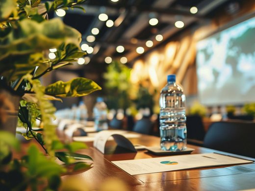 Welcome to our conference hotel in Upper Bavaria! Conference table with water bottle, documents, and plants in meeting room